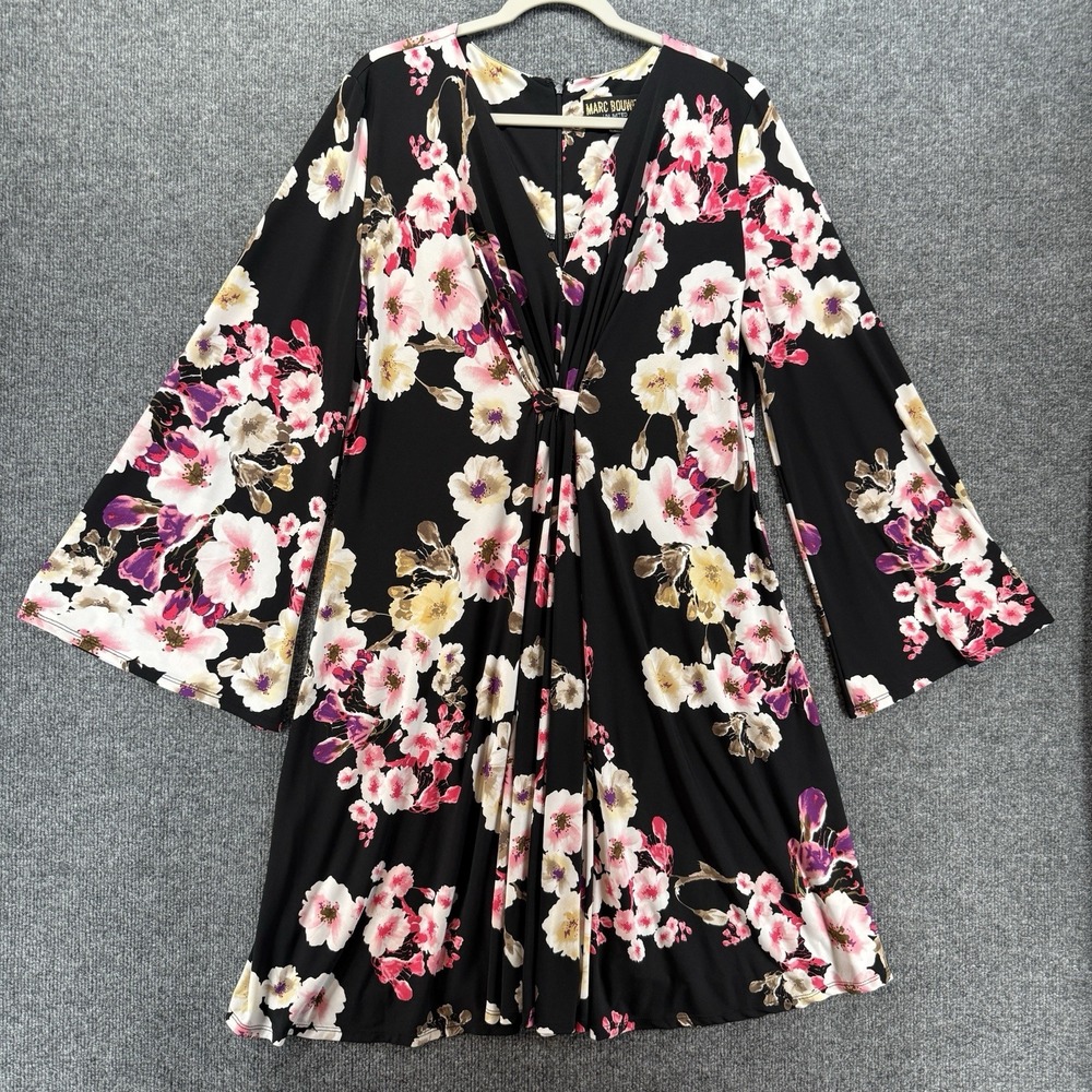 Marc Bouwer Dress Womens XL Black Floral Shift Flare Sleeve Cocktail Occasion